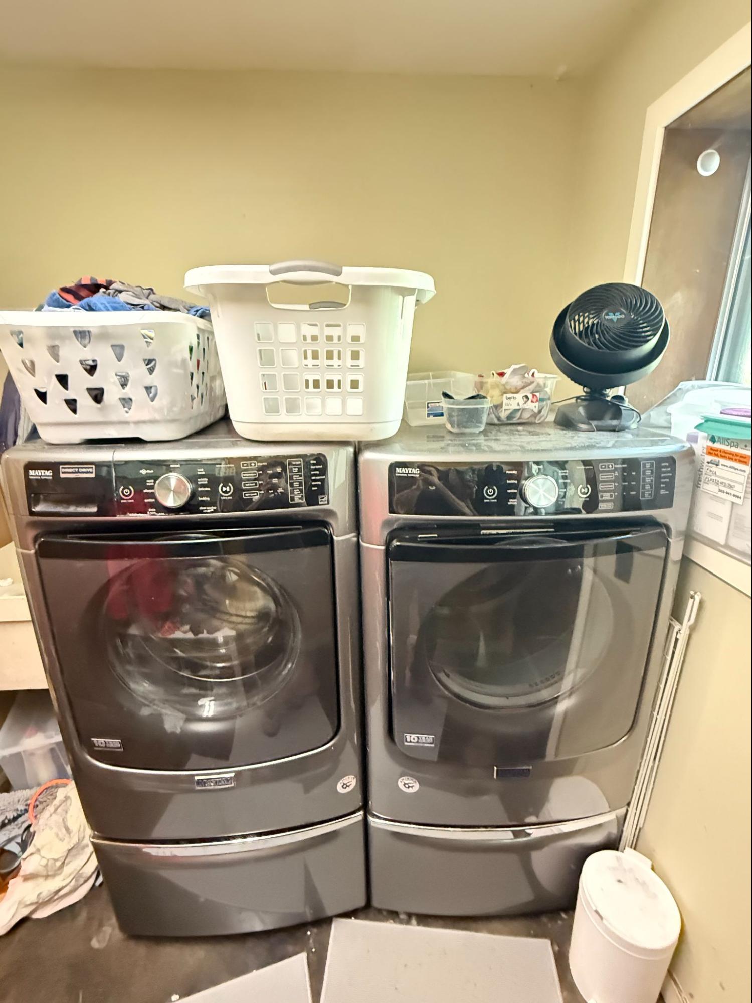 Maytag MHW5500FC0 washer and MED5500FC0 dryer inspected during a service visit in Milwaukie, Oregon